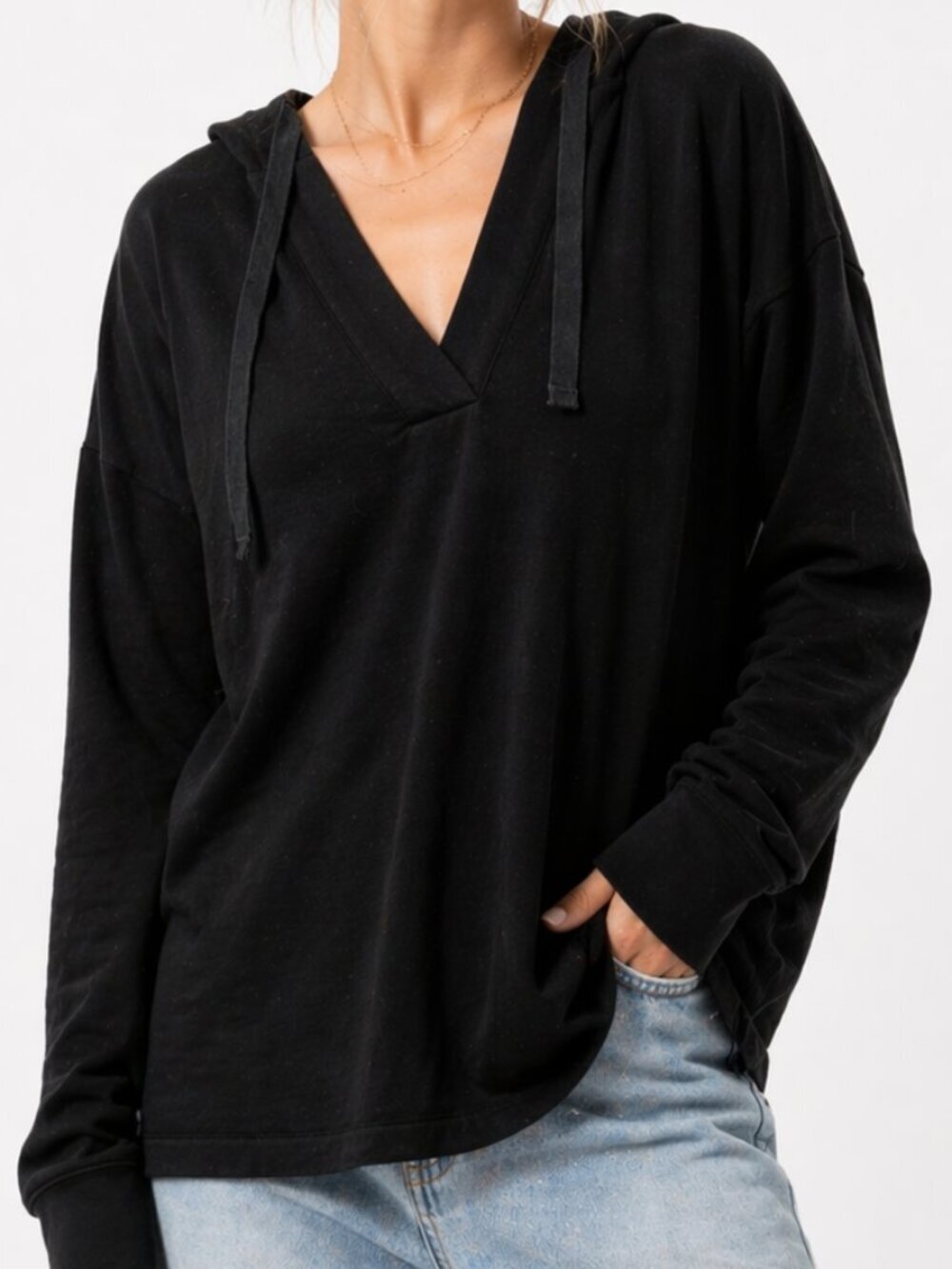 LOFT Black Hooded V Neck Tunic Top XS